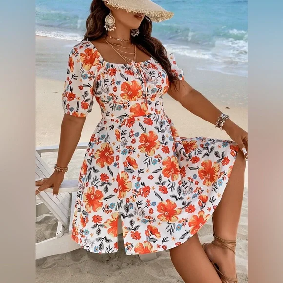 NWOT 3X Tropical Floral Puff Sleeve Dress - Picture 1 of 6